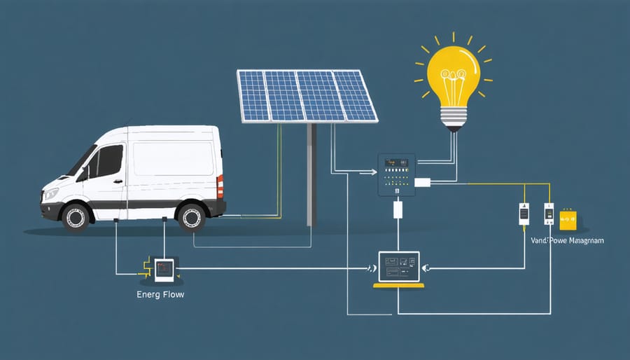 Diagram illustrating solar power flow and management system in electric van