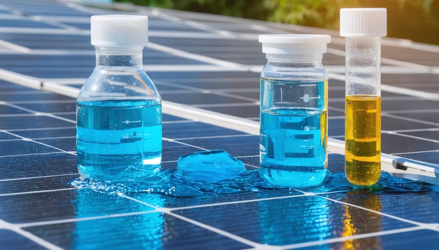 Scientific laboratory equipment testing water samples with solar panels in background