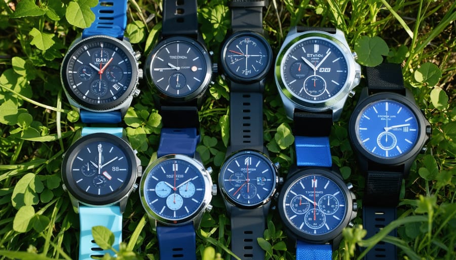 Various solar watches and fitness trackers displaying their features in natural sunlight