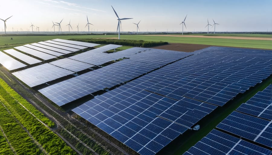 Large-scale installation showing solar PV arrays alongside wind turbines in a desert setting