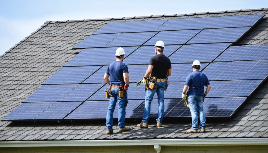 Solar installation team working together to mount panels on a complex roof structure