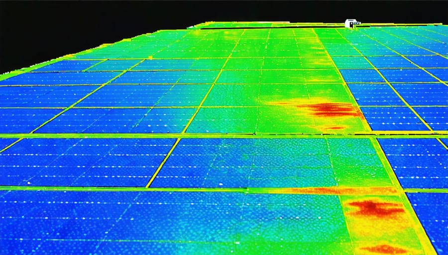 Infrared thermal image of solar panels with color-coded temperature variations highlighting potential electrical issues