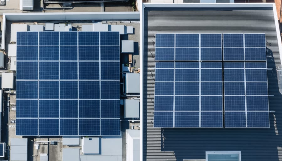 Side-by-side comparison of traditional and adaptive solar panel installations in an urban setting