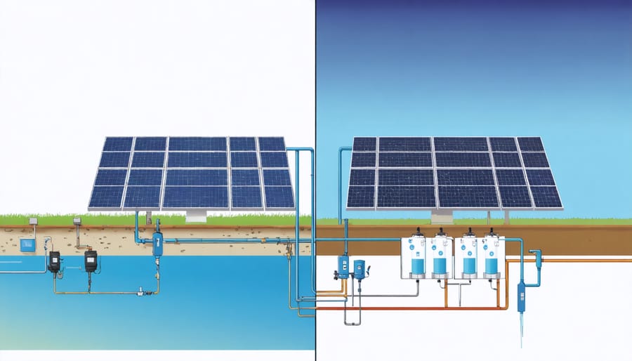 Side-by-side comparison of traditional water treatment plant and solar-integrated smart water facility