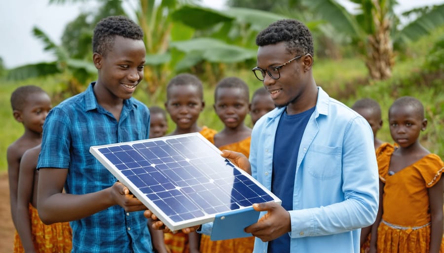 Young advocates explaining solar PV benefits to an engaged community audience