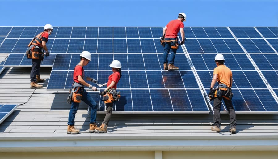 Young leaders working together to install solar panels during a hands-on training session