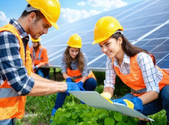 A group of enthusiastic young leaders installing solar panels, collectively embodying the spirit of innovation and sustainability in the renewable energy sector.