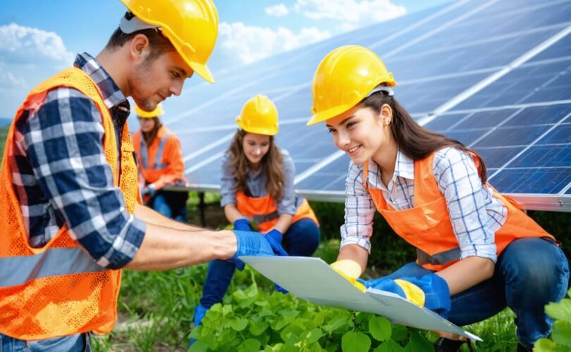 A group of enthusiastic young leaders installing solar panels, collectively embodying the spirit of innovation and sustainability in the renewable energy sector.