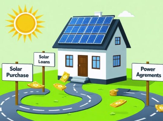 An illustrated house with solar panels and three pathways labeled "Solar Loans," "Solar Leases," and "Power Purchase Agreements," symbolizing the financial pathways for adopting solar energy without upfront costs.