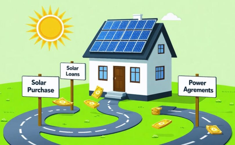 An illustrated house with solar panels and three pathways labeled "Solar Loans," "Solar Leases," and "Power Purchase Agreements," symbolizing the financial pathways for adopting solar energy without upfront costs.