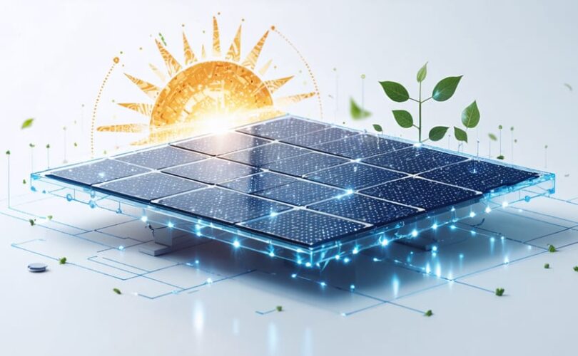 A 3D printer fabricating a complex solar panel with advanced geometries, symbolizing the integration of 3D printing in solar technology.