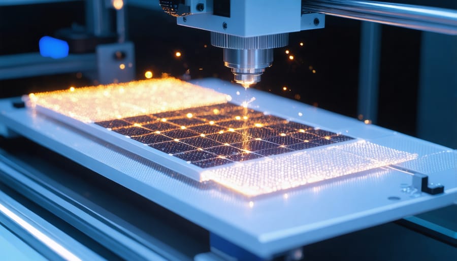 3D printer manufacturing a solar cell with visible printing head and material layers