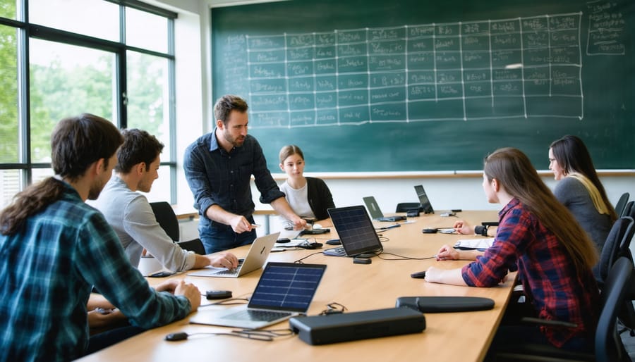 Industry expert demonstrating solar technology to students in an educational laboratory