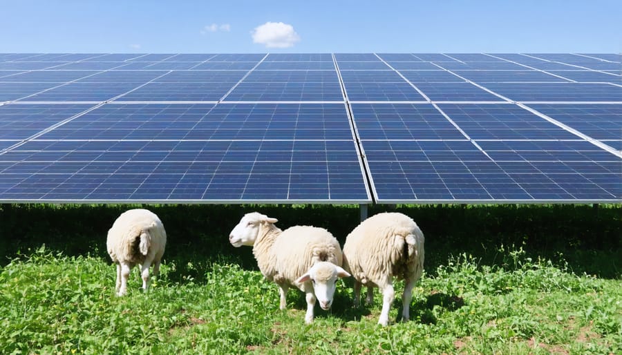 Sheep grazing beneath elevated solar panels in a dual-use solar farm installation