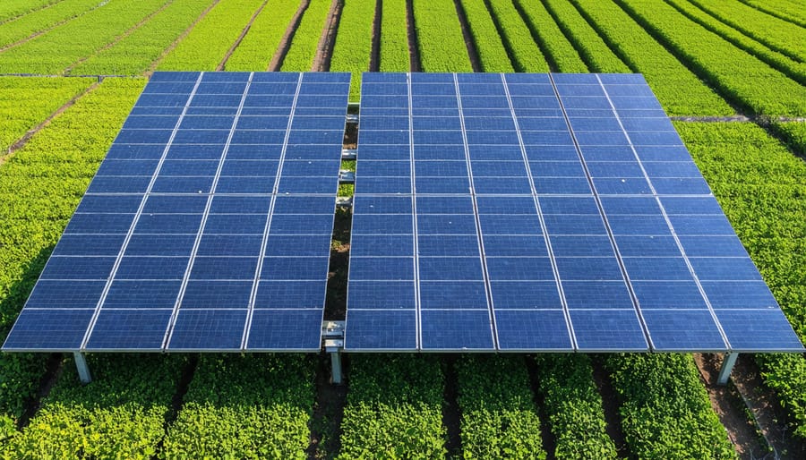 Agricultural field with elevated solar panels allowing crops to grow underneath