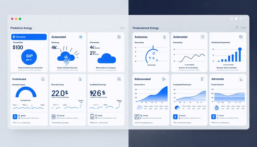 Visual representation of smart home AI system optimizing energy usage based on multiple data inputs