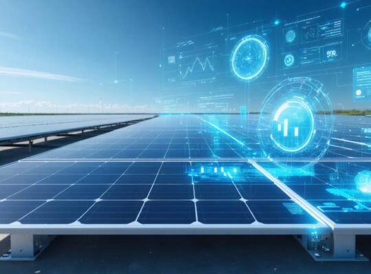 Futuristic AI dashboard showing real-time analytics for solar panel performance, with graphs and predictive maintenance alerts, set against a backdrop of a vast solar panel farm.