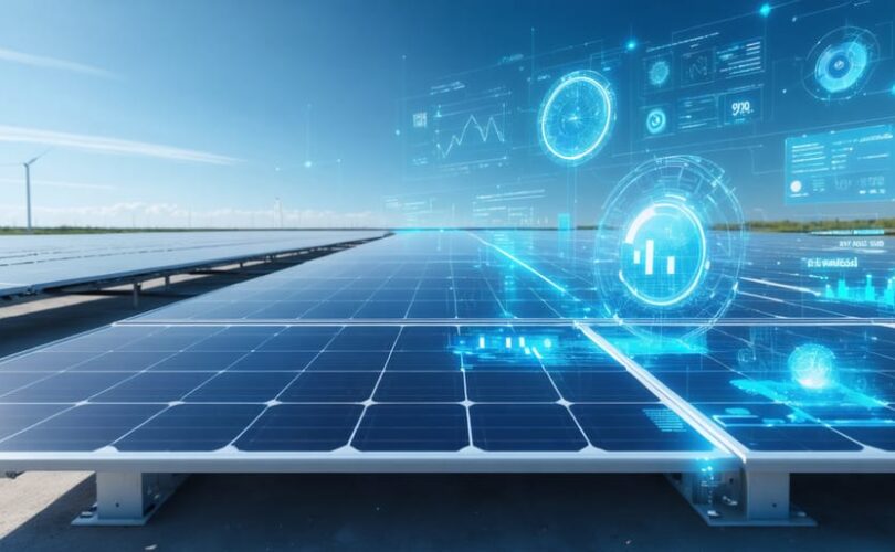 Futuristic AI dashboard showing real-time analytics for solar panel performance, with graphs and predictive maintenance alerts, set against a backdrop of a vast solar panel farm.