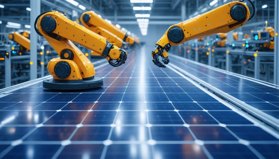 Automated robotic arms assembling solar cells in a high-tech manufacturing environment