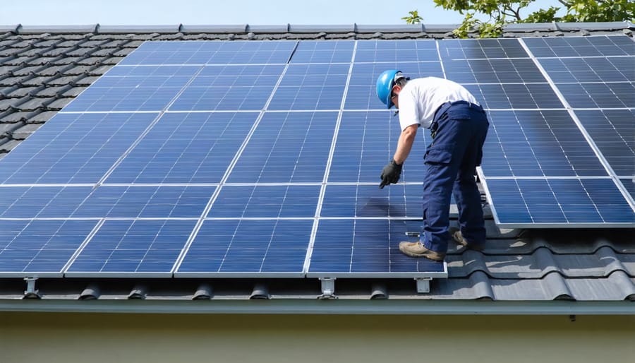 Team of workers installing solar panels on a rural community center roof