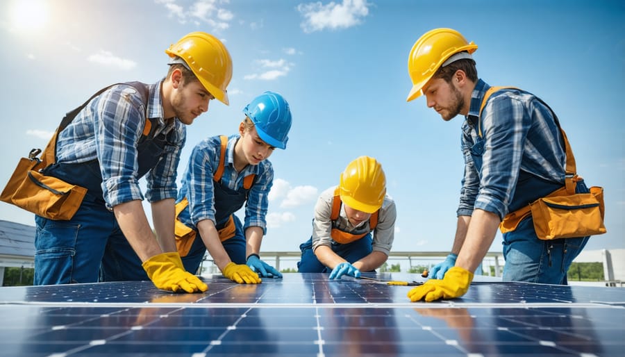 Young and senior solar technicians working together to install rooftop solar panels