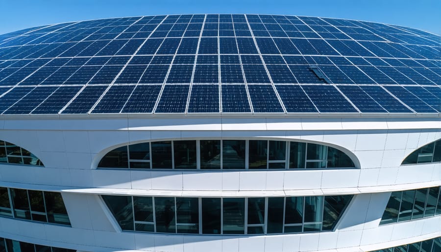 Custom-shaped 3D-printed solar panels integrated into modern building architecture