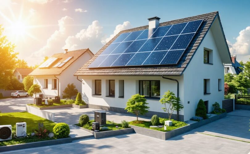 Illustration depicting a modern home with rooftop solar panels and an energy storage system, surrounded by a network of homes, symbolizing the transition to decentralized solar energy.