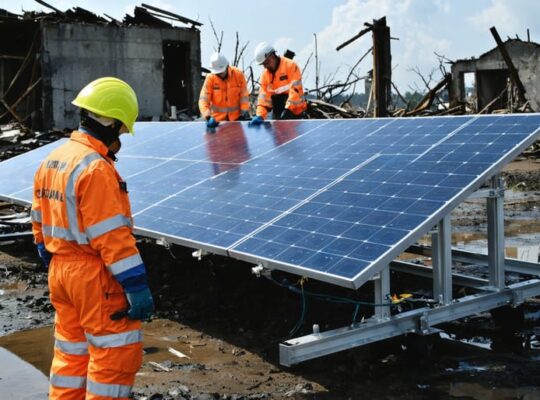 Emergency response team setting up portable solar panels in a disaster area, demonstrating the rapid deployment capabilities of solar PV systems to provide essential power supply.