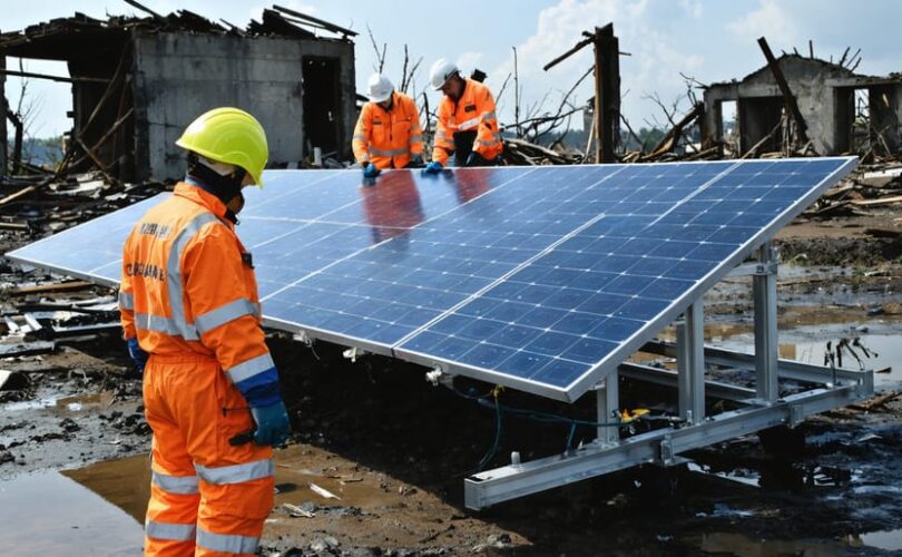 Emergency response team setting up portable solar panels in a disaster area, demonstrating the rapid deployment capabilities of solar PV systems to provide essential power supply.