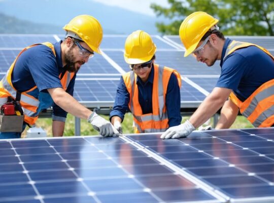 Participants in a solar installation workshop wearing personal protective equipment while handling solar panels and installation tools as they learn to manage real-world installation challenges.