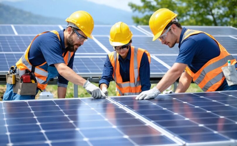 Participants in a solar installation workshop wearing personal protective equipment while handling solar panels and installation tools as they learn to manage real-world installation challenges.