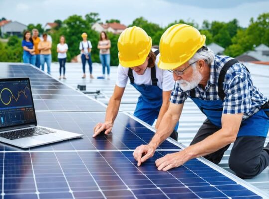 A multi-generational team of solar technicians, both young and experienced, collaboratively installing solar panels, exchanging knowledge with digital monitoring equipment visible, set against a community backdrop.