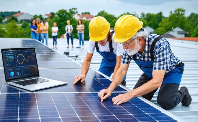 A multi-generational team of solar technicians, both young and experienced, collaboratively installing solar panels, exchanging knowledge with digital monitoring equipment visible, set against a community backdrop.
