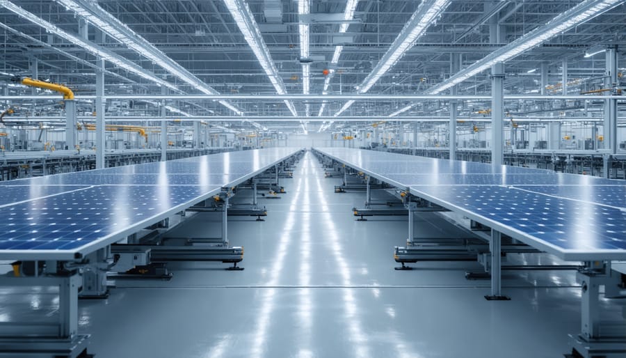 High-tech automated solar panel production line with robotic arms and quality control stations