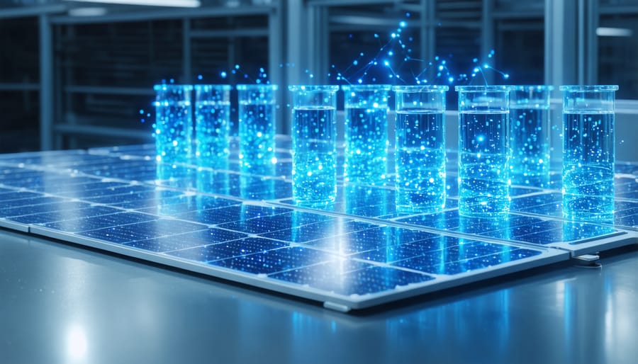 Scientists conducting quality control tests on solar panels in a modern laboratory setting