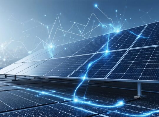Conceptual illustration of two solar panels connected in series, highlighting voltage increase with flowing arrows and smart grid integration.