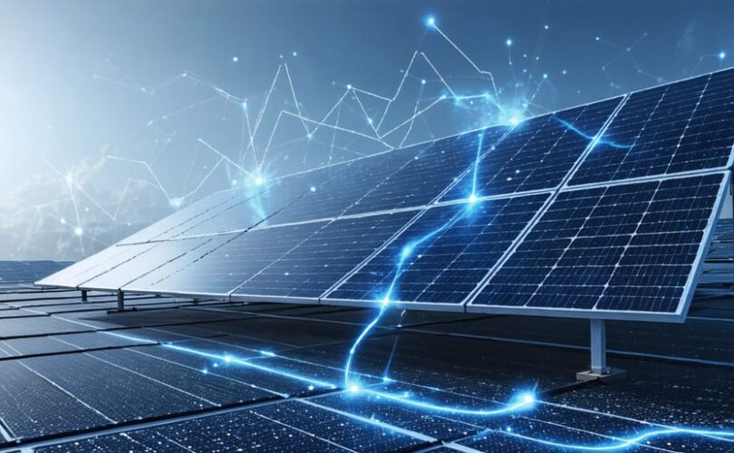 Conceptual illustration of two solar panels connected in series, highlighting voltage increase with flowing arrows and smart grid integration.