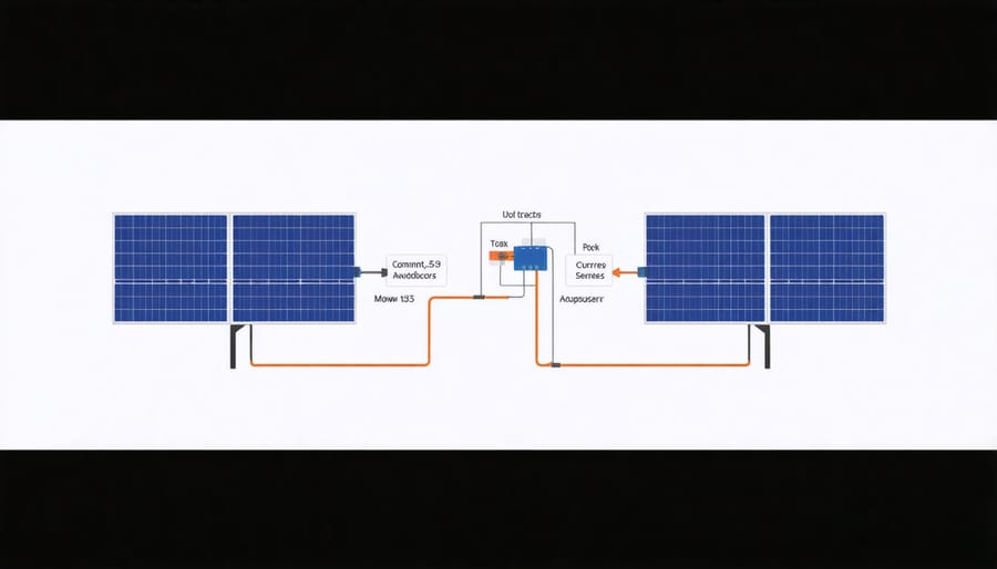 Schematic diagram of two solar panels connected in series showing voltage addition and current flow