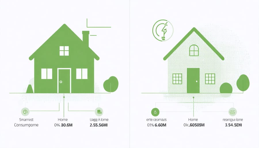 Side-by-side comparison of energy consumption between traditional and smart homes with graphical data