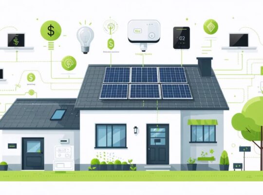 Illustration of a smart home setup with connected devices like a thermostat, smart lighting, solar panels, and a central hub, highlighted alongside elements representing energy savings and a graph showing reduced energy consumption.