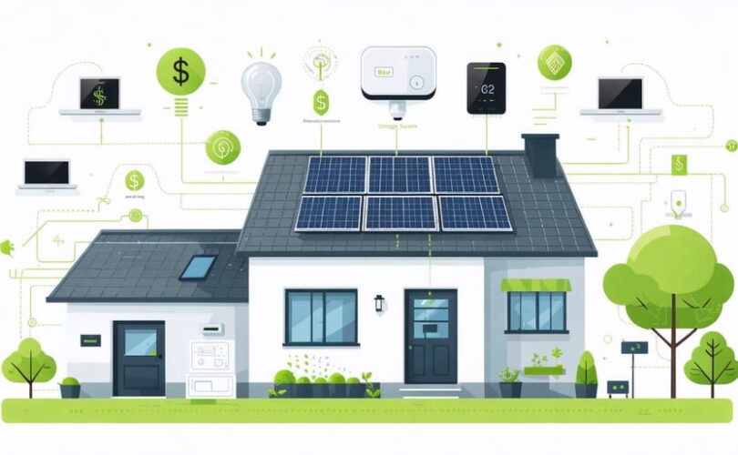Illustration of a smart home setup with connected devices like a thermostat, smart lighting, solar panels, and a central hub, highlighted alongside elements representing energy savings and a graph showing reduced energy consumption.