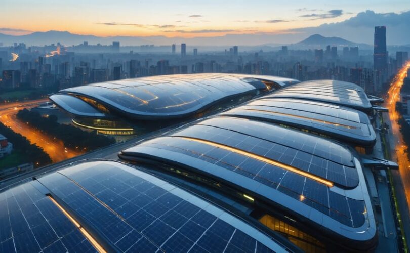 A futuristic urban skyline with solar panels on buildings, glowing under a setting sun, representing the integration of solar technology and sustainable development.