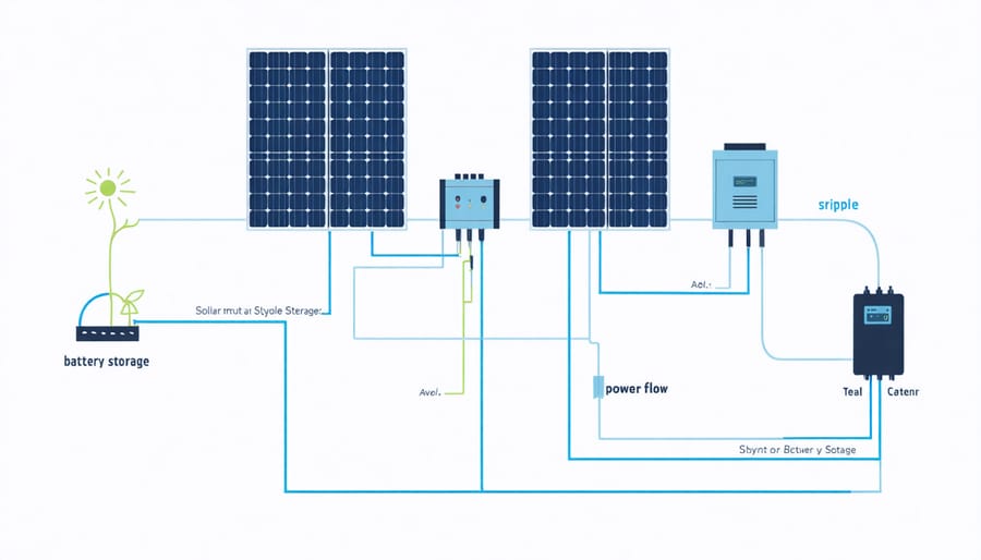 Illustration of solar panels connected to batteries showing energy flow and storage process