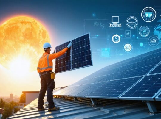 Conceptual image depicting a solar panel installer in safety gear on a rooftop, holding a solar panel with a rising sun in the background, representing career growth and professional certifications in the solar industry.