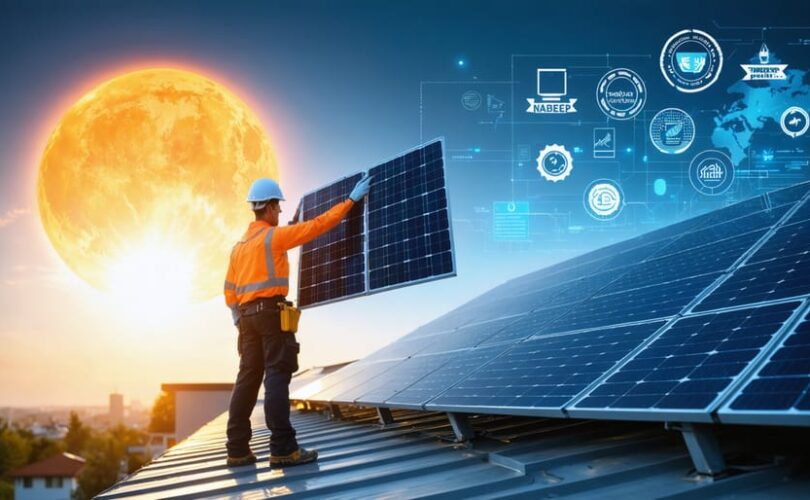 Conceptual image depicting a solar panel installer in safety gear on a rooftop, holding a solar panel with a rising sun in the background, representing career growth and professional certifications in the solar industry.