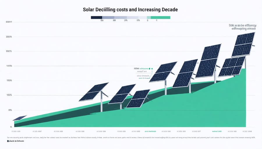 Line graph depicting solar technology cost reduction and efficiency improvements from 2013 to 2023