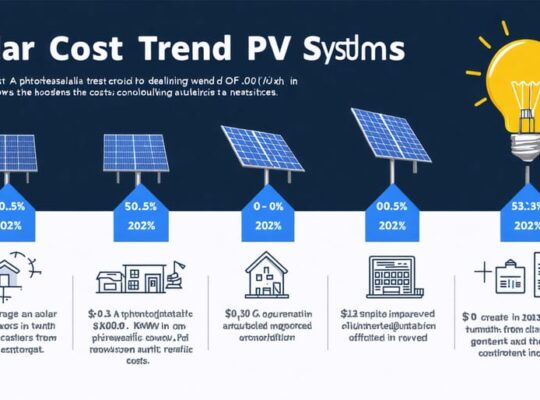 Infographic depicting the reduction in solar PV system costs from 2010 to 2023, showing influencing factors such as improved panel efficiency and government incentives.