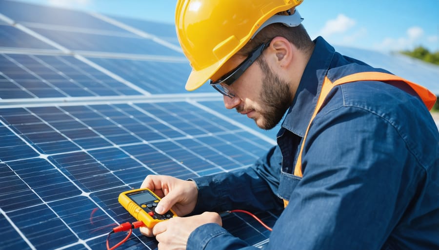 Solar technician performing electrical testing on installed panel connections