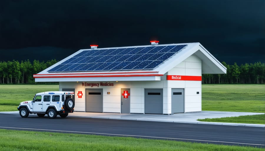 Temporary medical center powered by solar panels after natural disaster