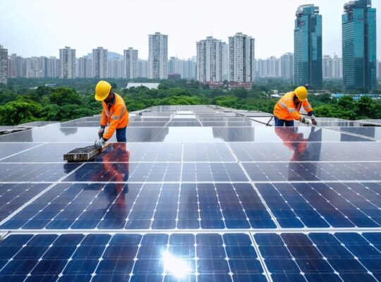 Vibrant urban scene in an emerging market with a large solar installation and local workers maintaining the panels. Buildings and community spaces illustrate the integration of solar power into modern city life.